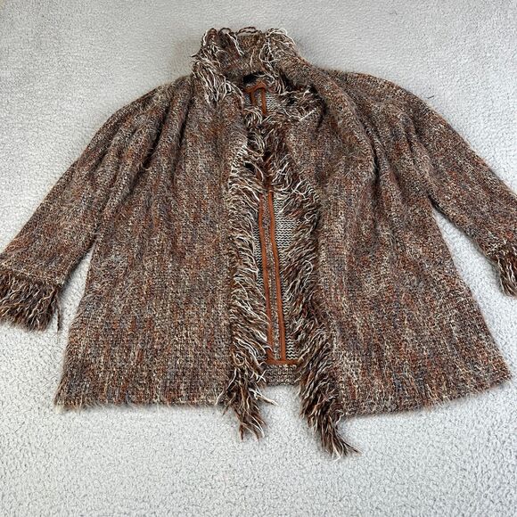Wool Blend Open Front Fringe Sweater Womens P Brown Beige Knit Boho Intermix - Picture 1 of 13